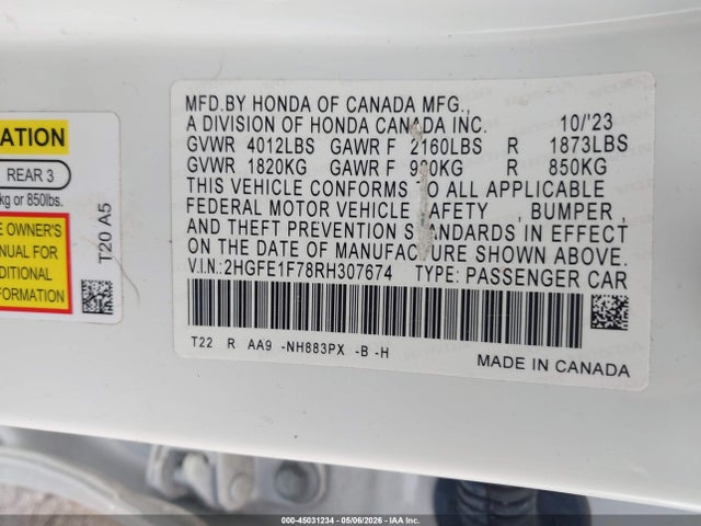 Aukcja sprzedaży 2024 Honda Civic Ex, vin: 2HGFE1F78RH307674, numer aukcji: 45031234