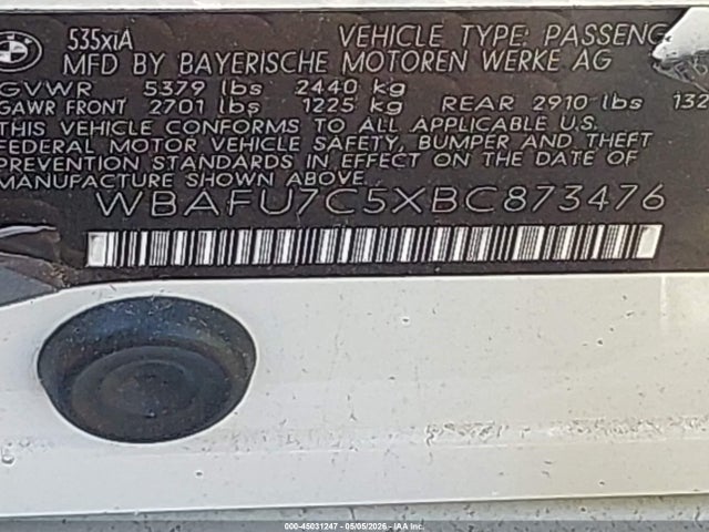 2011 Bmw 535i Xdrive მანქანა იყიდება აუქციონზე, vin: WBAFU7C5XBC873476, აუქციონის ნომერი: 45031247