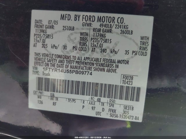 Продаж на аукціоні авто 2005 Ford Ranger Edge/stx/xl/xlt, vin: 1FTYR14U55PB09774, номер лоту: 45031251