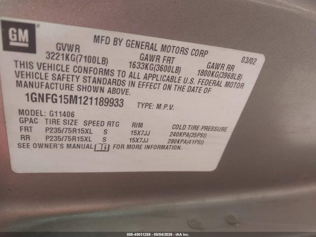 45031258 :رقم المزاد ، 1GNFG15M121189933 vin ، 2002 Chevrolet Express مزاد بيع