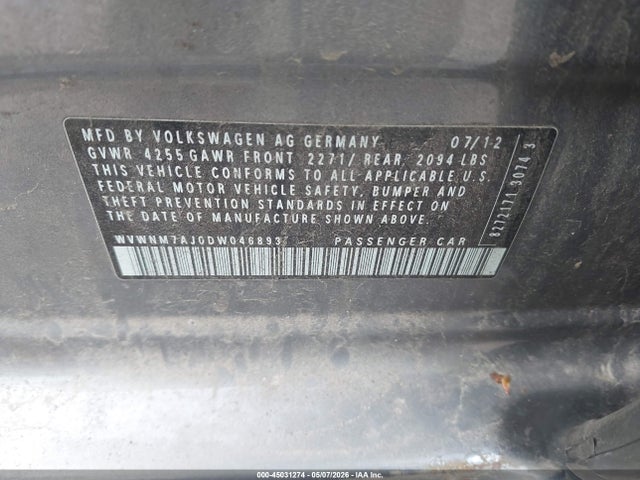 2013 Volkswagen Golf 2.0l Tdi 4-door მანქანა იყიდება აუქციონზე, vin: WVWNM7AJ0DW046893, აუქციონის ნომერი: 45031274