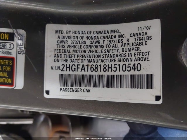 Aukcja sprzedaży 2008 Honda Civic Ex, vin: 2HGFA16818H510540, numer aukcji: 45031288