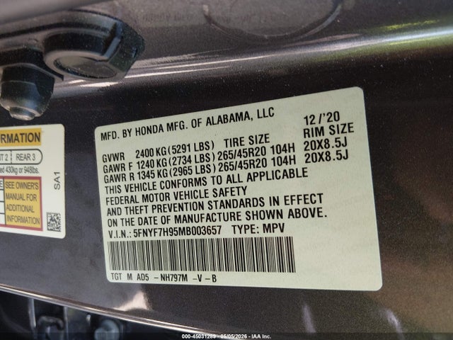 45031289 :رقم المزاد ، 5FNYF7H95MB003657 vin ، 2021 Honda Passport 2wd Touring مزاد بيع