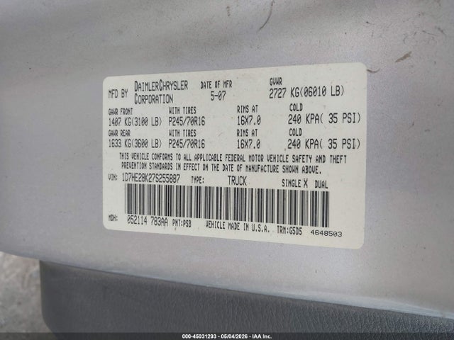 Aukcja sprzedaży 2007 Dodge Dakota St, vin: 1D7HE28K27S255887, numer aukcji: 45031293