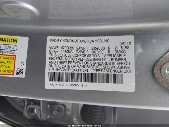 Aukcja sprzedaży 2019 Honda Accord Lx, vin: 1HGCV1F16KA111378, numer aukcji: 45031295