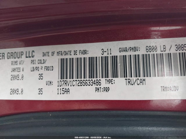 45031299 :رقم المزاد ، 1D7RV1CT2BS633486 vin ، 2011 Ram Ram 1500 Sport مزاد بيع