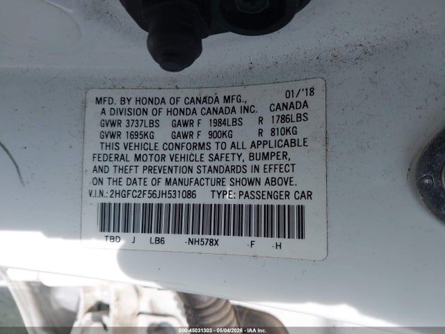 2HGFC2F56JH531086 Honda Civic Lx