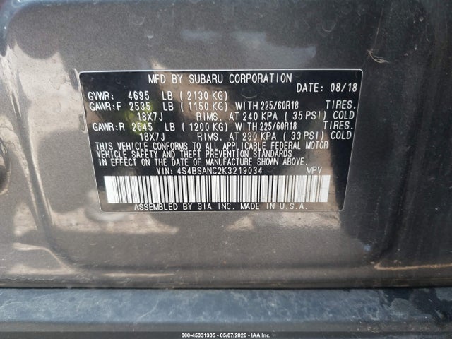 Продаж на аукціоні авто 2019 Subaru Outback 2.5i Limited, vin: 4S4BSANC2K3219034, номер лоту: 45031305