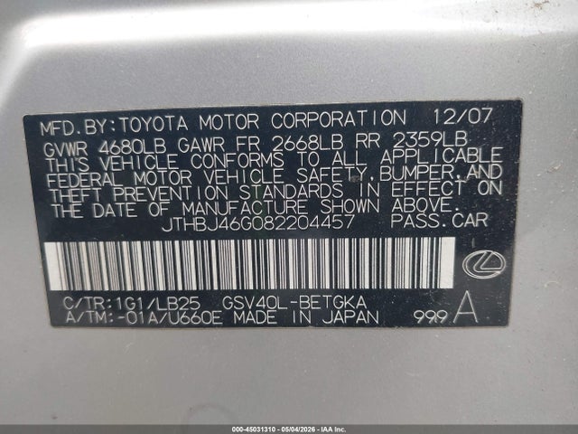 Продажа на аукционе авто 2008 Lexus Es 350, vin: JTHBJ46G082204457, номер лота: 45031310