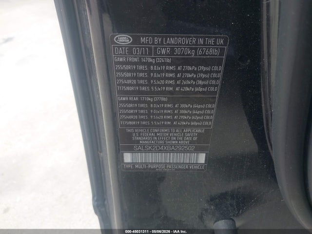 Aukcja sprzedaży 2011 Land Rover Range Rover Sport Hse, vin: SALSK2D4XBA292502, numer aukcji: 45031311