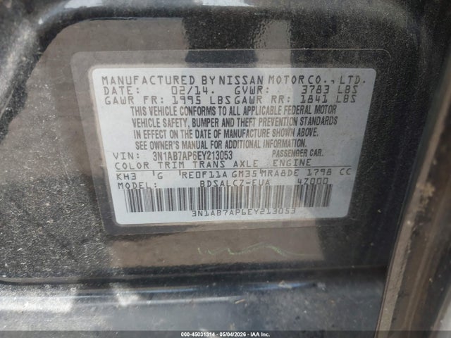 Продажа на аукционе авто 2014 Nissan Sentra S, vin: 3N1AB7AP6EY213053, номер лота: 45031314