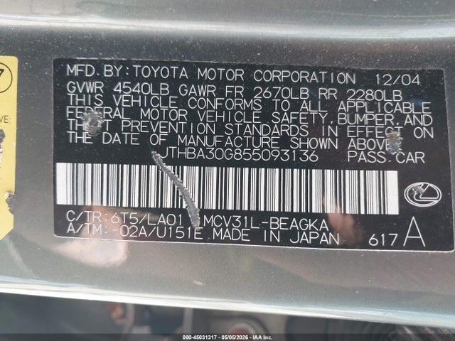 Aukcja sprzedaży 2005 Lexus Es 330, vin: JTHBA30G855093136, numer aukcji: 45031317