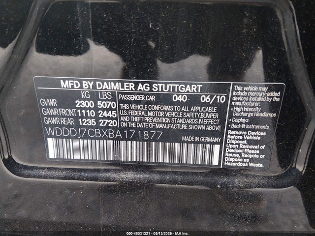 2011 Mercedes-benz Cls 550 მანქანა იყიდება აუქციონზე, vin: WDDDJ7CBXBA171877, აუქციონის ნომერი: 45031321