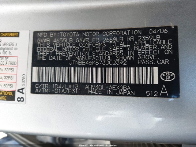 45031324 :رقم المزاد ، JTNBB46K873002392 vin ، 2007 Toyota Camry Hybrid مزاد بيع