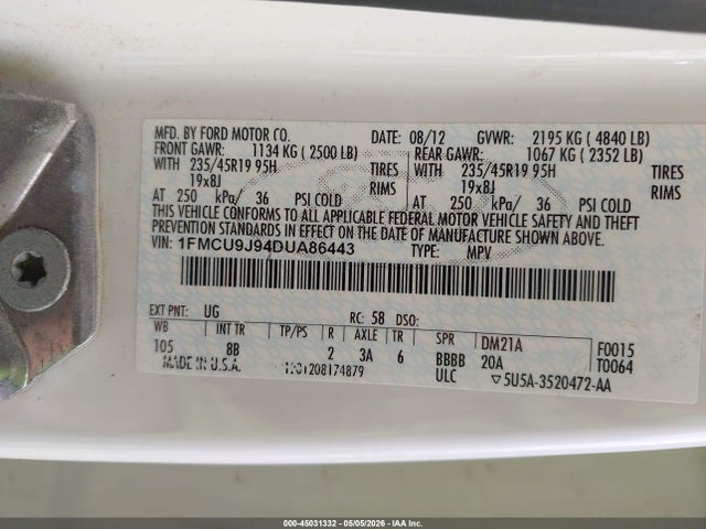 Aukcja sprzedaży 2013 Ford Escape Titanium, vin: 1FMCU9J94DUA86443, numer aukcji: 45031332
