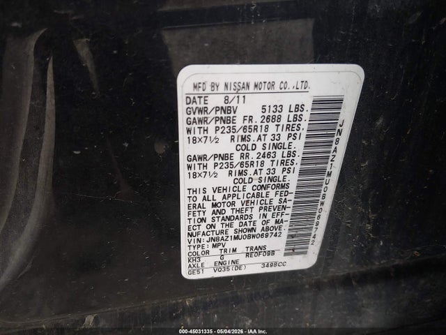 Aukcja sprzedaży 2011 Nissan Murano S, vin: JN8AZ1MU0BW069742, numer aukcji: 45031335