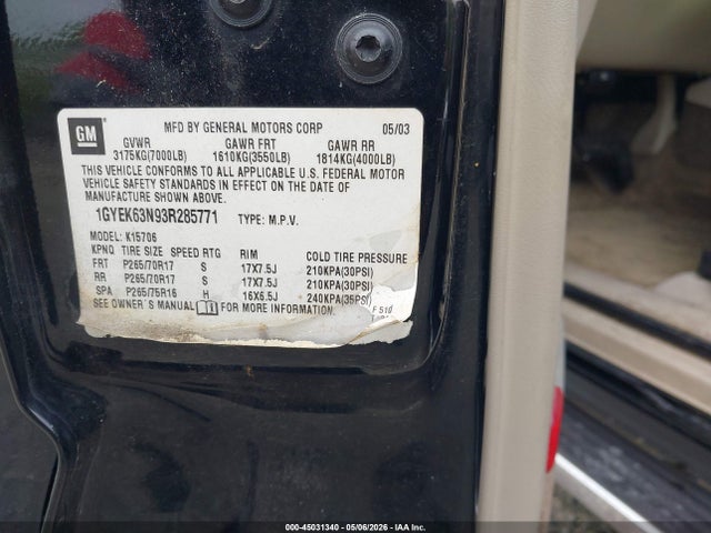 Aukcja sprzedaży 2003 Cadillac Escalade Standard, vin: 1GYEK63N93R285771, numer aukcji: 45031340