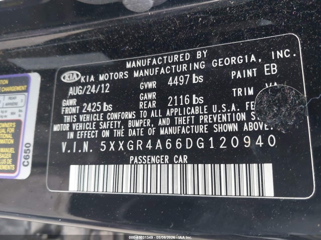 45031349 :رقم المزاد ، 5XXGR4A66DG120940 vin ، 2013 Kia Optima Sx مزاد بيع