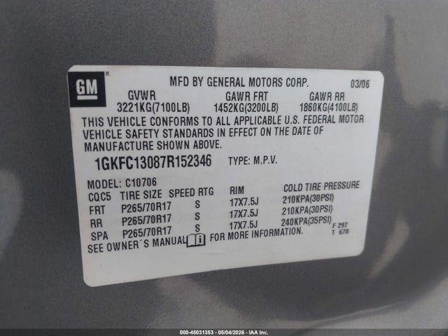 Aukcja sprzedaży 2007 Gmc Yukon Slt, vin: 1GKFC13087R152346, numer aukcji: 45031353