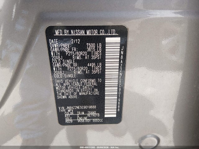 45031355 :رقم المزاد ، JN8AZ2NE5C9019688 vin ، 2012 Infiniti Qx56 مزاد بيع