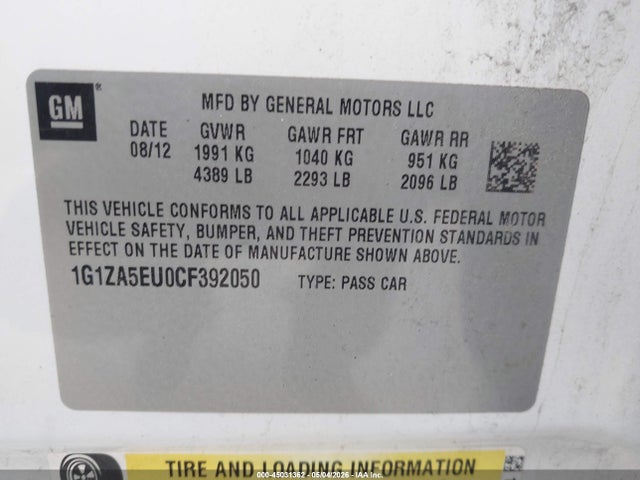 Продажа на аукционе авто 2012 Chevrolet Malibu Ls, vin: 1G1ZA5EU0CF392050, номер лота: 45031362