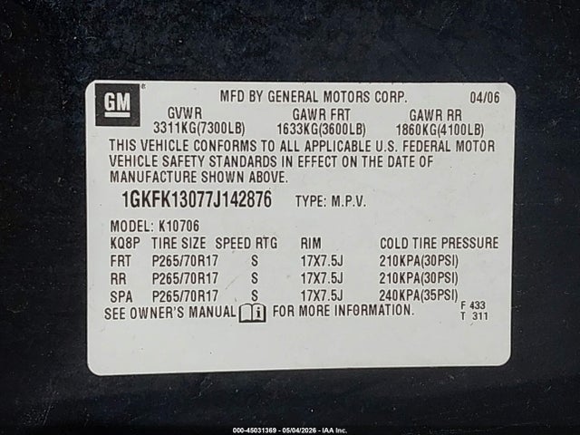 Продажа на аукционе авто 2007 Gmc Yukon Slt, vin: 1GKFK13077J142876, номер лота: 45031369