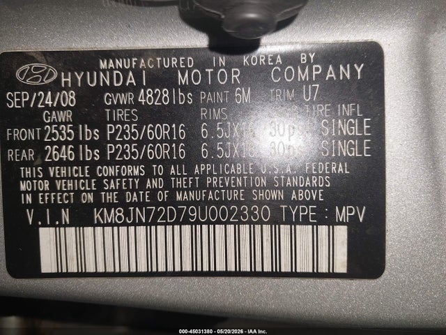Aukcja sprzedaży 2009 Hyundai Tucson Se, vin: KM8JN72D79U002330, numer aukcji: 45031380