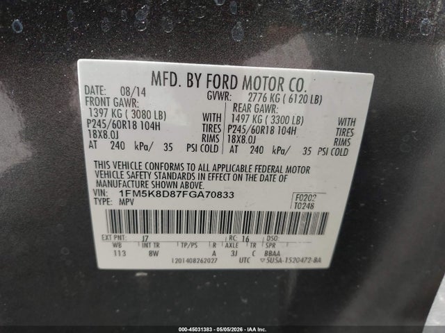 Продажа на аукционе авто 2015 Ford Explorer Xlt, vin: 1FM5K8D87FGA70833, номер лота: 45031383