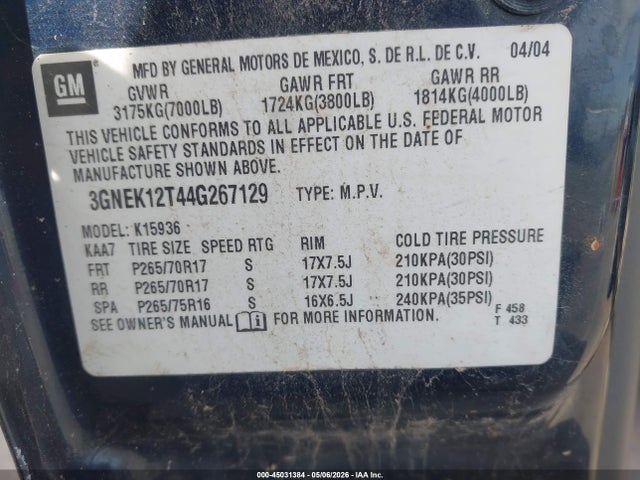 45031384 :رقم المزاد ، 3GNEK12T44G267129 vin ، 2004 Chevrolet Avalanche 1500 مزاد بيع