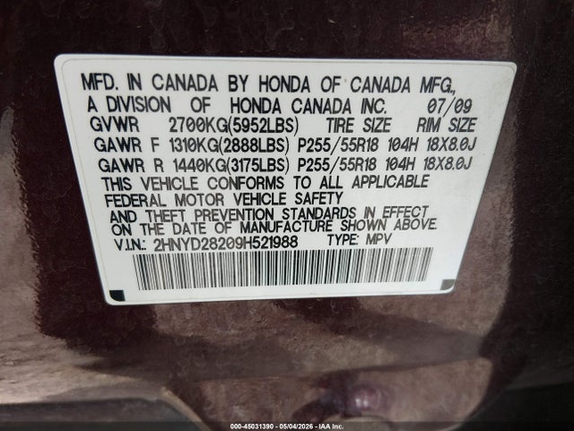 Продаж на аукціоні авто 2009 Acura Mdx, vin: 2HNYD28209H521988, номер лоту: 45031390