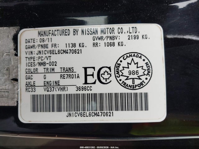 Aukcja sprzedaży 2012 Infiniti G37x, vin: JN1CV6EL6CM470621, numer aukcji: 45031392