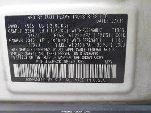 45031402 :رقم المزاد ، 4S4BRCKC0B3439655 vin ، 2011 Subaru Outback 2.5i Limited مزاد بيع