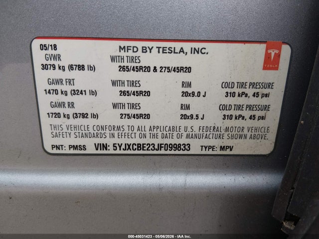 Tesla Model X 100d/75d/p100d 2018 5YJXCBE23JF099833 Image 9