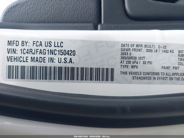 45031426 :رقم المزاد ، 1C4RJFAG1NC150420 vin ، 2022 Jeep Grand Cherokee Wk Laredo X 4x4 مزاد بيع