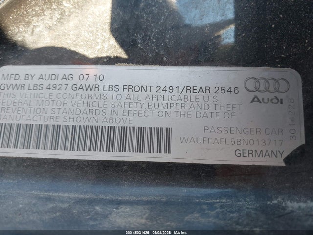 2011 Audi A4 2.0t Premium მანქანა იყიდება აუქციონზე, vin: WAUFFAFL5BN013717, აუქციონის ნომერი: 45031429