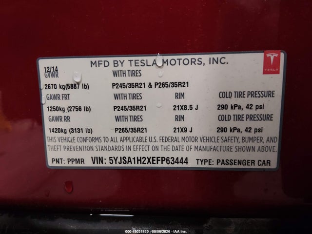 Aukcja sprzedaży 2014 Tesla Model S P85d, vin: 5YJSA1H2XEFP63444, numer aukcji: 45031430