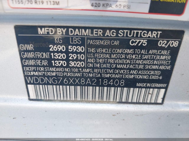 45031433 :رقم المزاد ، WDDNG76XX8A218408 vin ، 2008 Mercedes-benz S 600 مزاد بيع