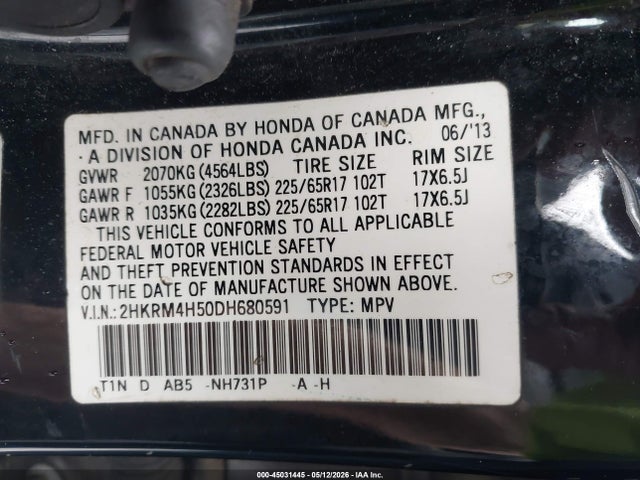 Продажа на аукционе авто 2013 Honda Cr-v Ex, vin: 2HKRM4H50DH680591, номер лота: 45031445
