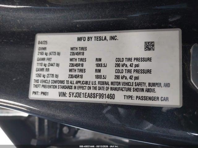 5YJ3E1EA8SF991460 Tesla Model 3 Long Range Rear-wheel Drive/standard Rear-wheel Drive