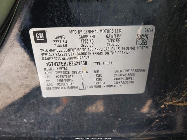 Продаж на аукціоні авто 2014 Gmc Sierra 1500, vin: 1GTV2TEH7EZ321360, номер лоту: 45031449