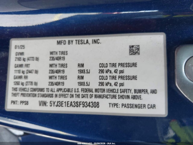 Продаж на аукціоні авто 2025 Tesla Model 3 Long Range Rear-wheel Drive/standard Rear-wheel Drive, vin: 5YJ3E1EA3SF934308, номер лоту: 45031453