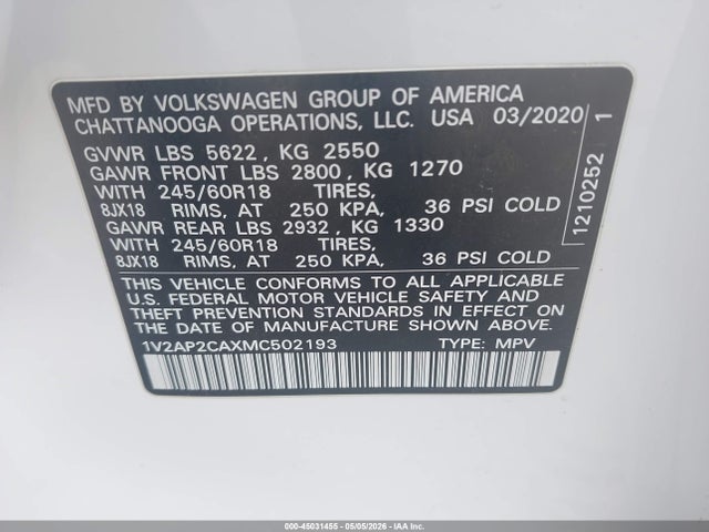 Aukcja sprzedaży 2021 Volkswagen Atlas 2.0t S, vin: 1V2AP2CAXMC502193, numer aukcji: 45031455
