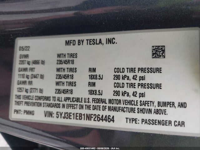 Продаж на аукціоні авто 2022 Tesla Model 3 Long Range Dual Motor All-wheel Drive, vin: 5YJ3E1EB1NF264464, номер лоту: 45031462