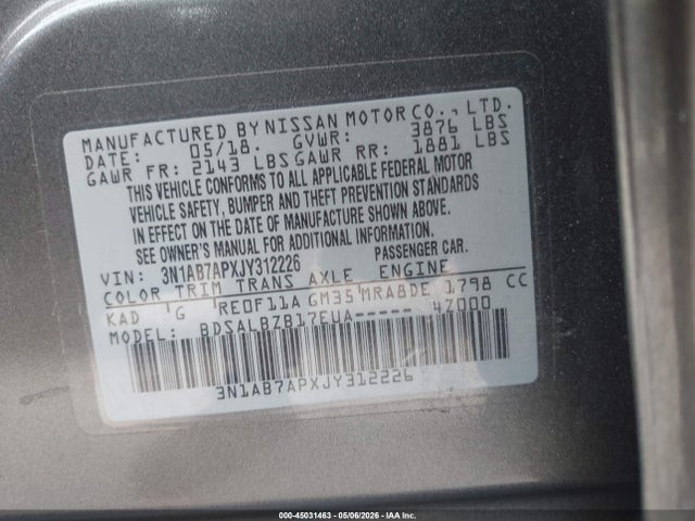 Продаж на аукціоні авто 2018 Nissan Sentra S, vin: 3N1AB7APXJY312226, номер лоту: 45031463