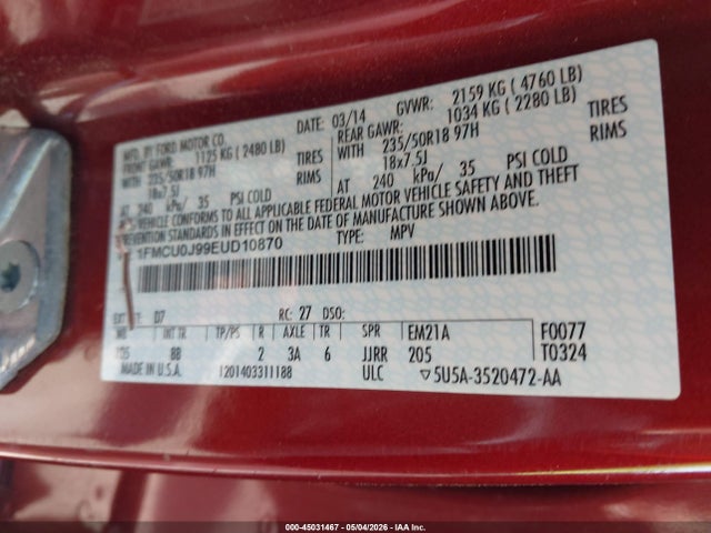 Aukcja sprzedaży 2014 Ford Escape Titanium, vin: 1FMCU0J99EUD10870, numer aukcji: 45031467