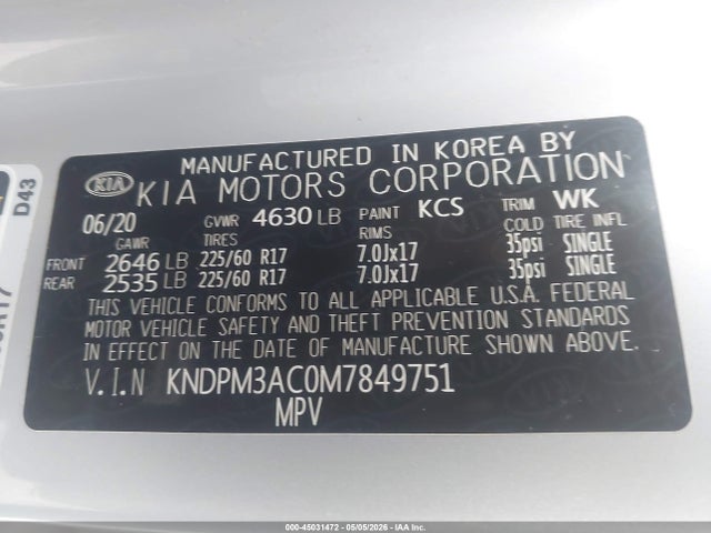 2021 Kia Sportage Lx მანქანა იყიდება აუქციონზე, vin: KNDPM3AC0M7849751, აუქციონის ნომერი: 45031472