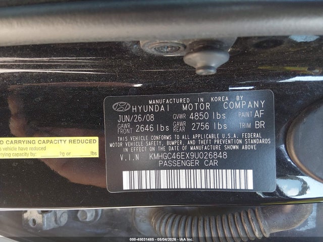 2009 Hyundai Genesis 3.8 მანქანა იყიდება აუქციონზე, vin: KMHGC46EX9U026848, აუქციონის ნომერი: 45031485