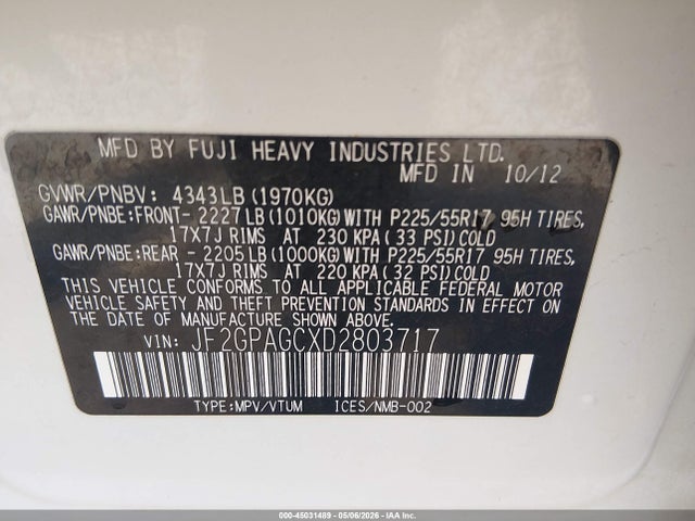 Aukcja sprzedaży 2013 Subaru Xv Crosstrek 2.0i Limited, vin: JF2GPAGCXD2803717, numer aukcji: 45031489