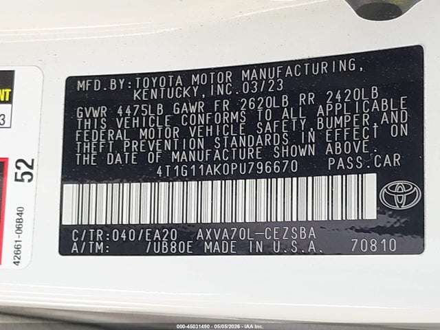 Aukcja sprzedaży 2023 Toyota Camry Se, vin: 4T1G11AK0PU796670, numer aukcji: 45031490