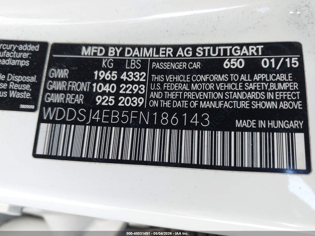 Продажа на аукционе авто 2015 Mercedes-benz Cla 250, vin: WDDSJ4EB5FN186143, номер лота: 45031491